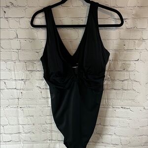 2X Adore Me Black One-Piece Swimsuit. V neck. Decorative trim on gathering.